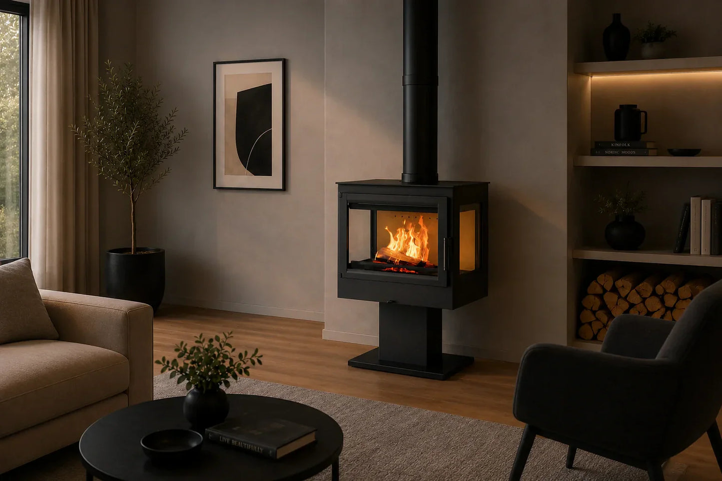 Stor svart vedovn med flammer i moderne stue, brukt som ekstra varmekilde med høy kapasitet.