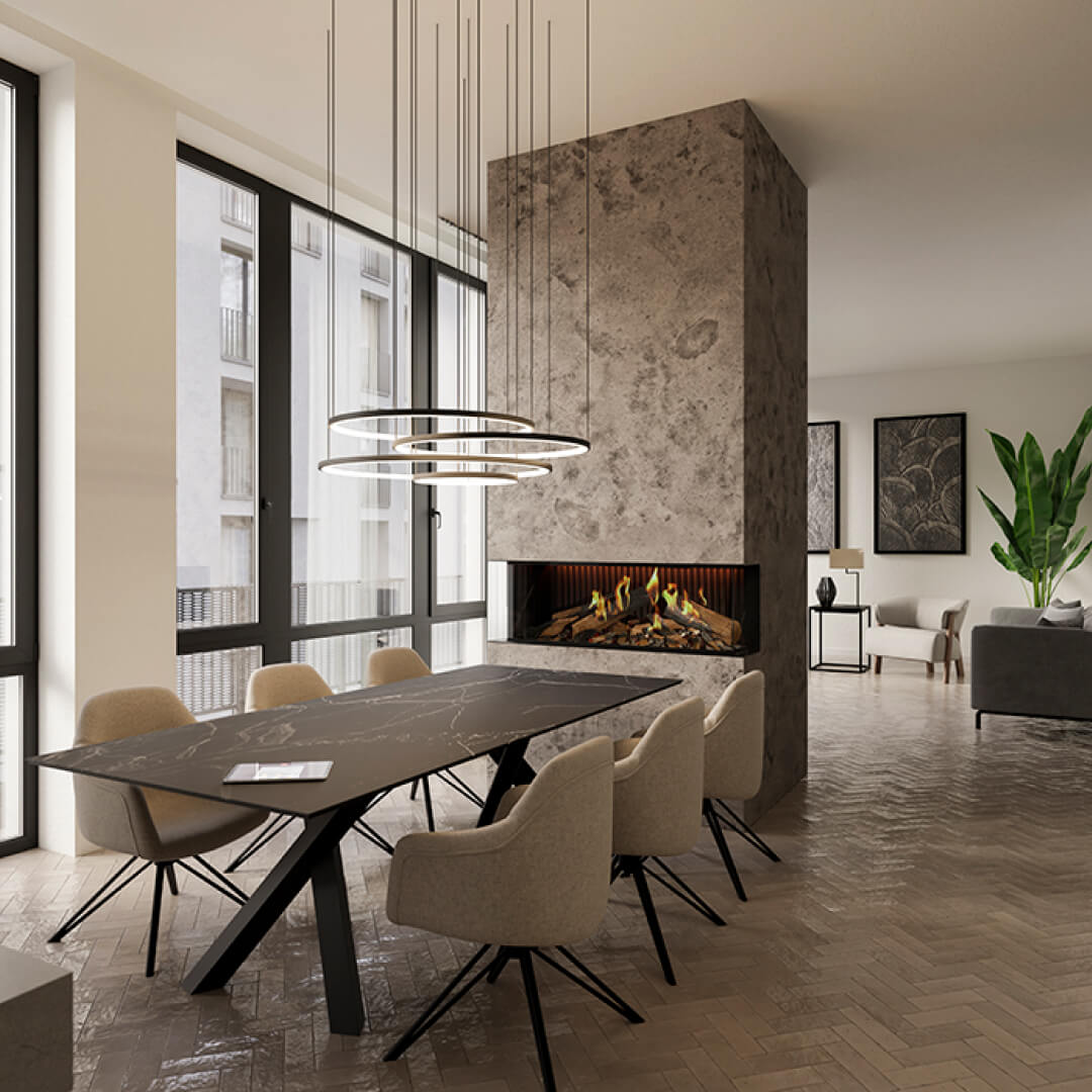 DRU Virtuo 100/3 Evolve - Elektrisk peisinnsats, 3 - sidig - Eldheim